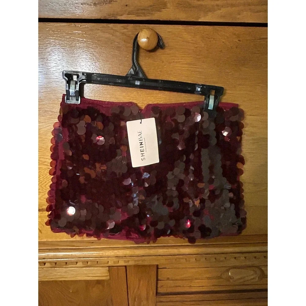 Y2K Festival Clubwear Burgundy Disc Sequin Mini‎ Skirt Party Night Out Disco